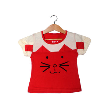 NEW RED & CREAM KITTEN FACE PRINTED HALF SLEEVES T-SHIRT TOP